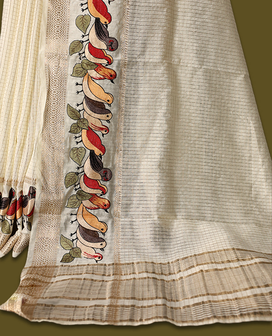 Off White viscose saree featuring subtle checkered patterns and a beautifully embroidered bird motif border, paired with a rich pallu & perfect for festive occasions, celebrations, and elegant gatherings.