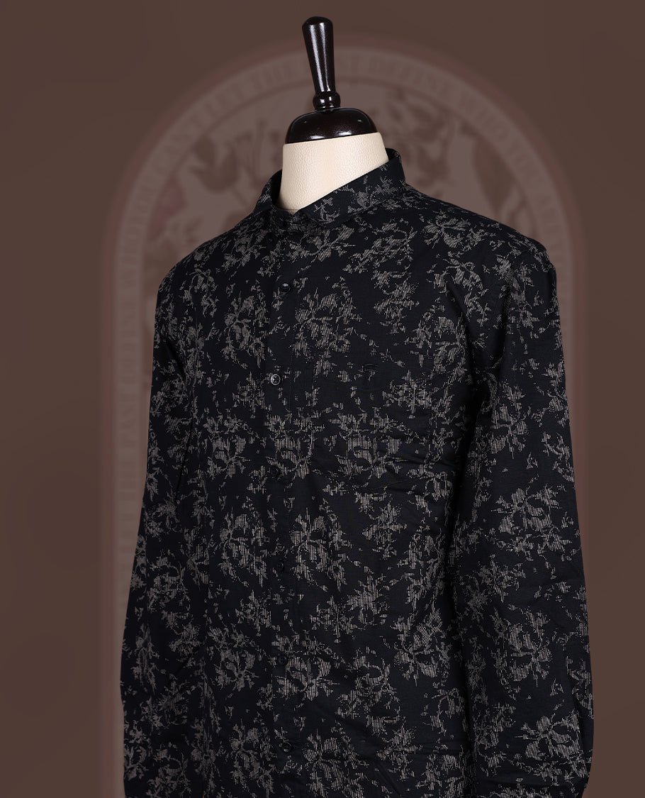Black colour cotton long sleeve shirt featuring an all over delicate beige cotton print, Designed with a classic collar and button down front, it blends timeless elegance with everyday comfort.
