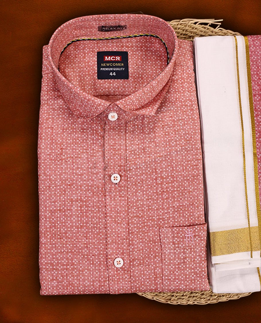 Dusty Rose colour MCR full sleeve shirt featuring a subtle dotted print, paired with a classic white dhoti highlighted with a golden zari kara and a matching dusty rose printed border.