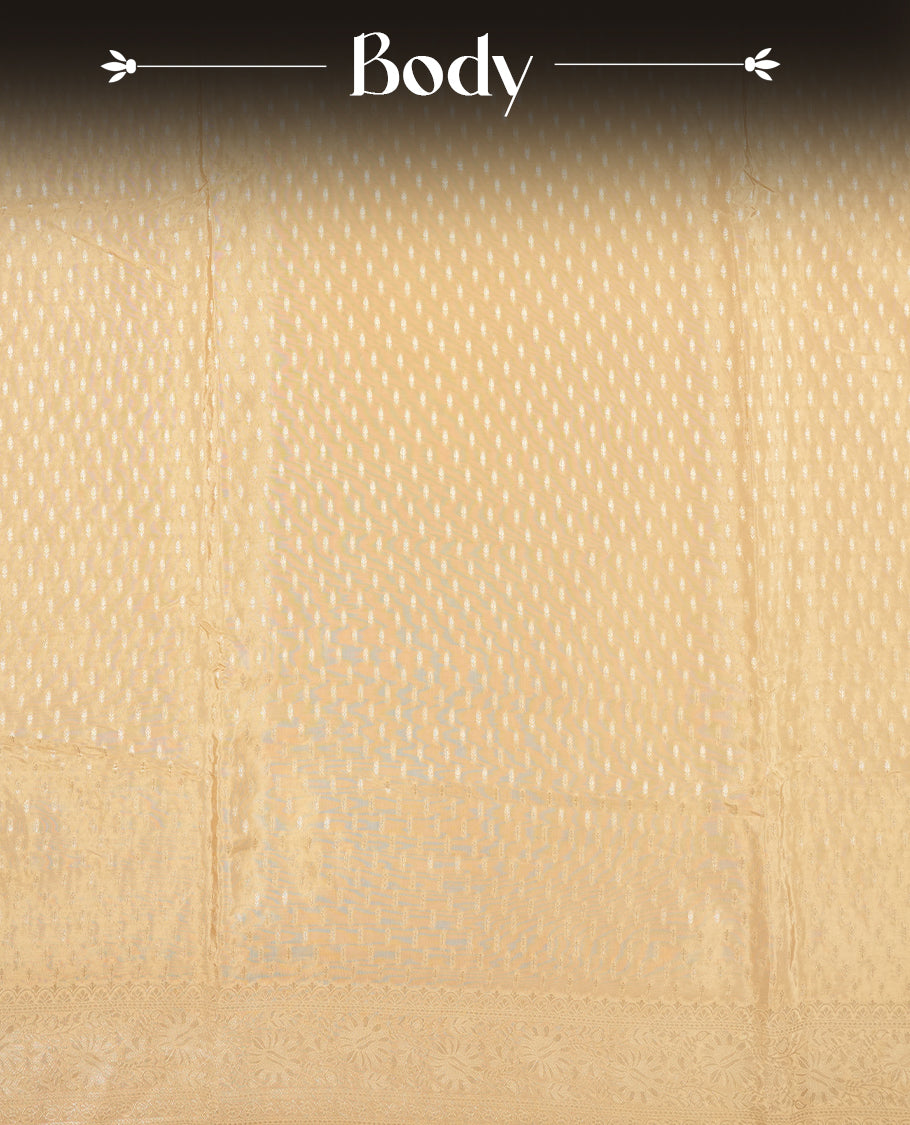 Gold colour banaras satin crepe saree fearturing gold tiny leaf motifs on body, kodi visiri pattern on border & pallu and paired with matching blouse