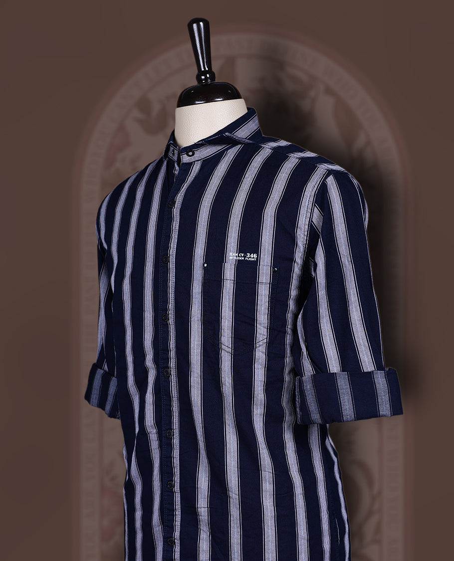 Navy blue colour katrai shirt with self stripes, crafted in breathable cotton, Features a mandarin collar and full sleeves, Smart, textured design perfect for casual or semi formal occasions.