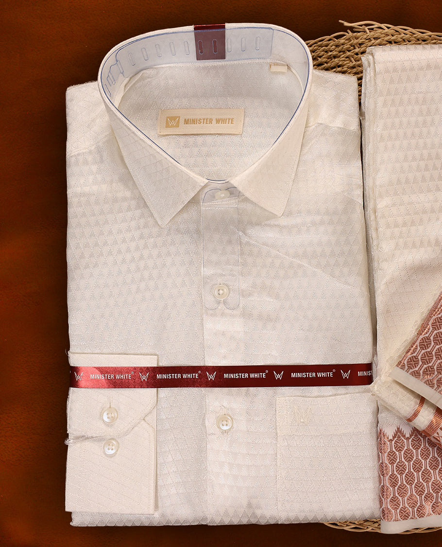 White copper MINISTER WHITE textured shirt with a subtle finish, paired with a matching dhoti highlighted by an elegant rose gold zari border and intricate woven patterns, perfect for a stylish festive look.