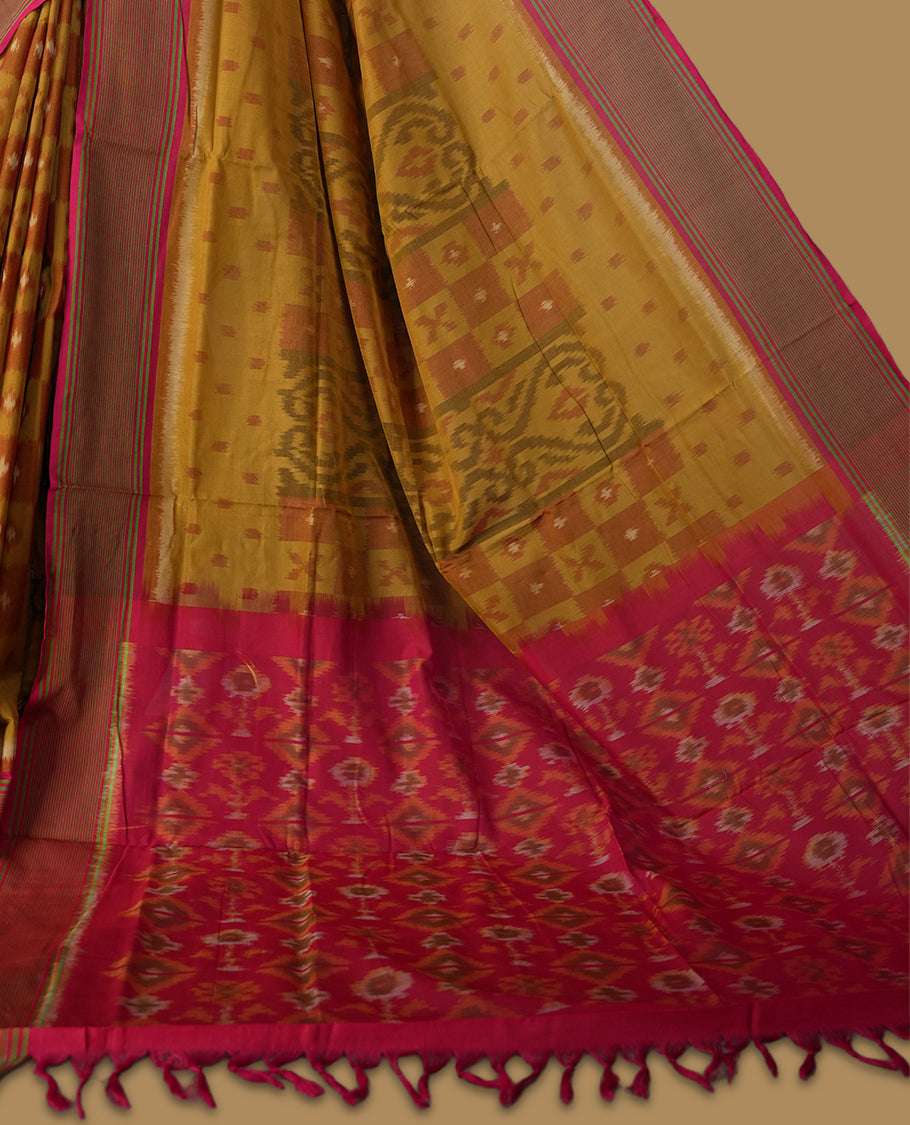 Mustard yellow colour Ikkat Pochampally saree adorned with traditional woven motifs, paired with a striking pink border and pallu, finished with a matching blouse piece for a vibrant and elegant ethnic look.