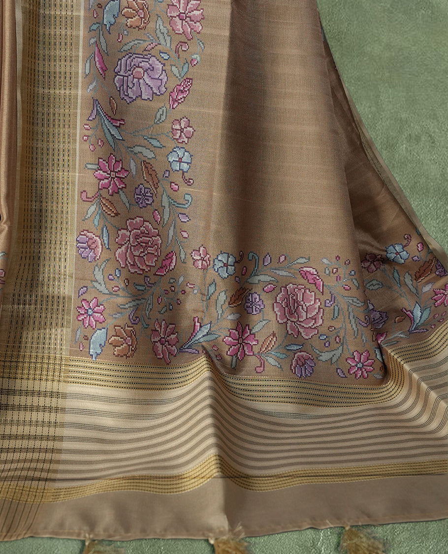 Beige colour Semi Tussar Silk saree with vibrant digital floral printed body and elegant Kandha work border & Paired with a matching blouse.