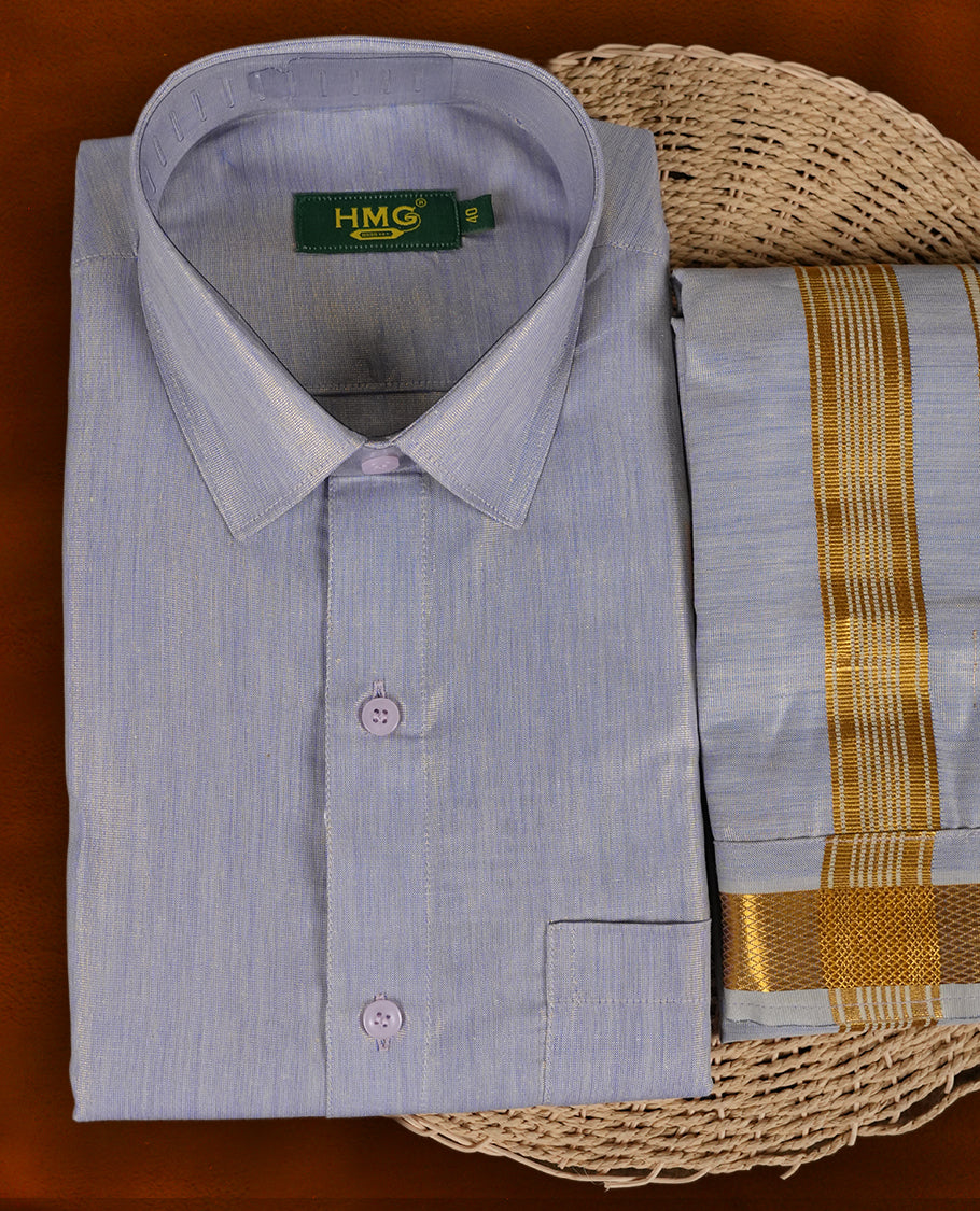 Lilac colour shirt & dhoti set by HMG, paired with rich gold zari border for a refined traditional look, Perfect for weddings, poojas & gifting.
