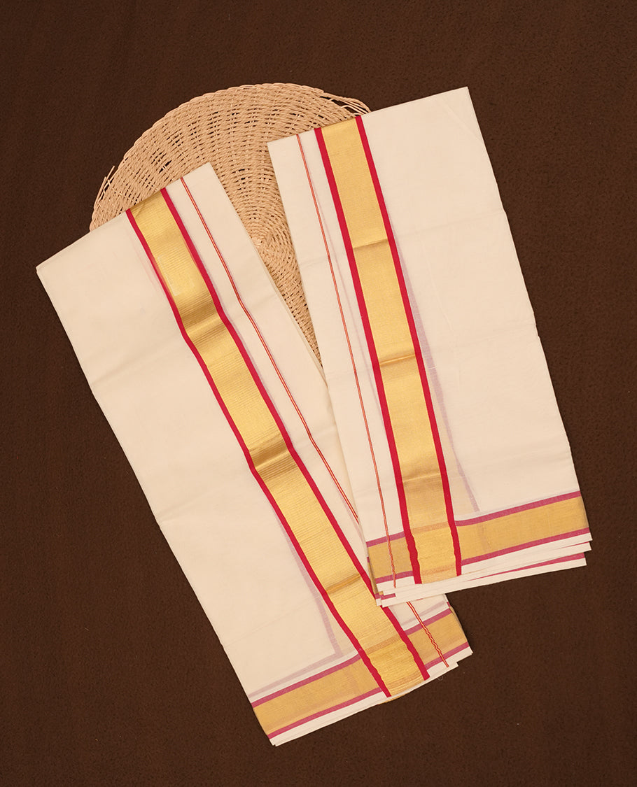 Off white colour cotton set mundu highlights gold and Maroon zari border (2.00/2.80 MTS).