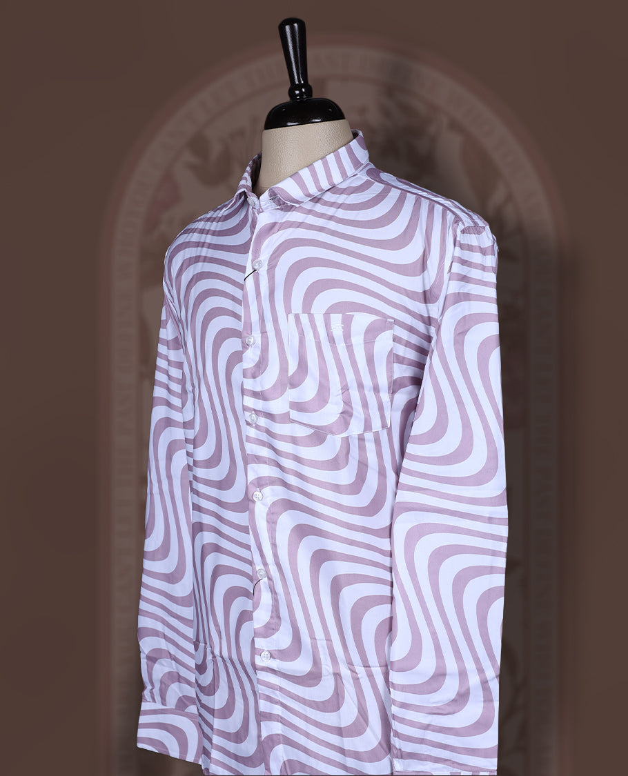 White colour cotton mix shirt adorned with pastel onion pink colour wavy geometric design, featuring a classic collar, long sleeves, and button down style for a chic and contemporary appeal.
