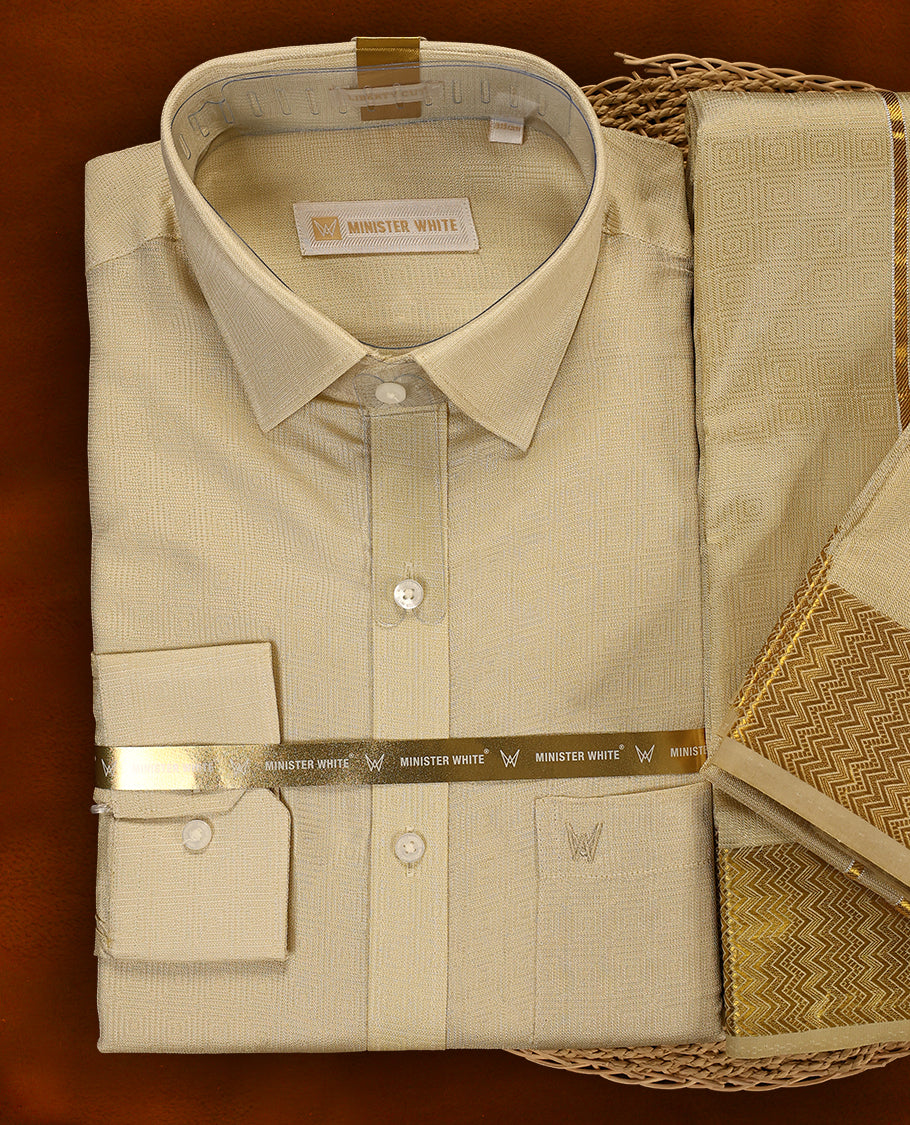 Fawn gold colour MINISTER WHITE shirt with a subtle textured finish, paired with a cream dhoti featuring a rich golden zari border and intricate zig-zag pattern, creating a graceful festive ensemble.