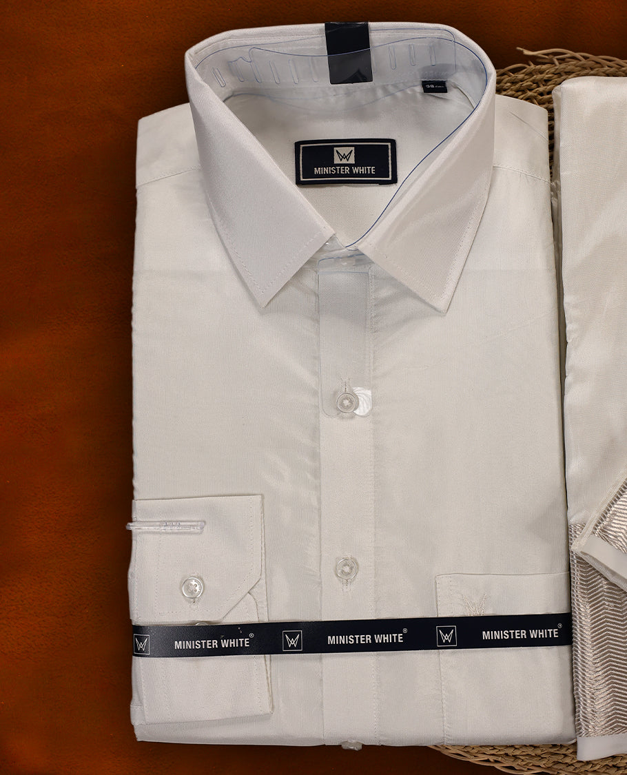 White silver colour MINISTER WHITE shirt with a smooth finish, paired with a matching white dhoti accentuated by an elegant silver zari border, creating a timeless and graceful traditional ensemble.