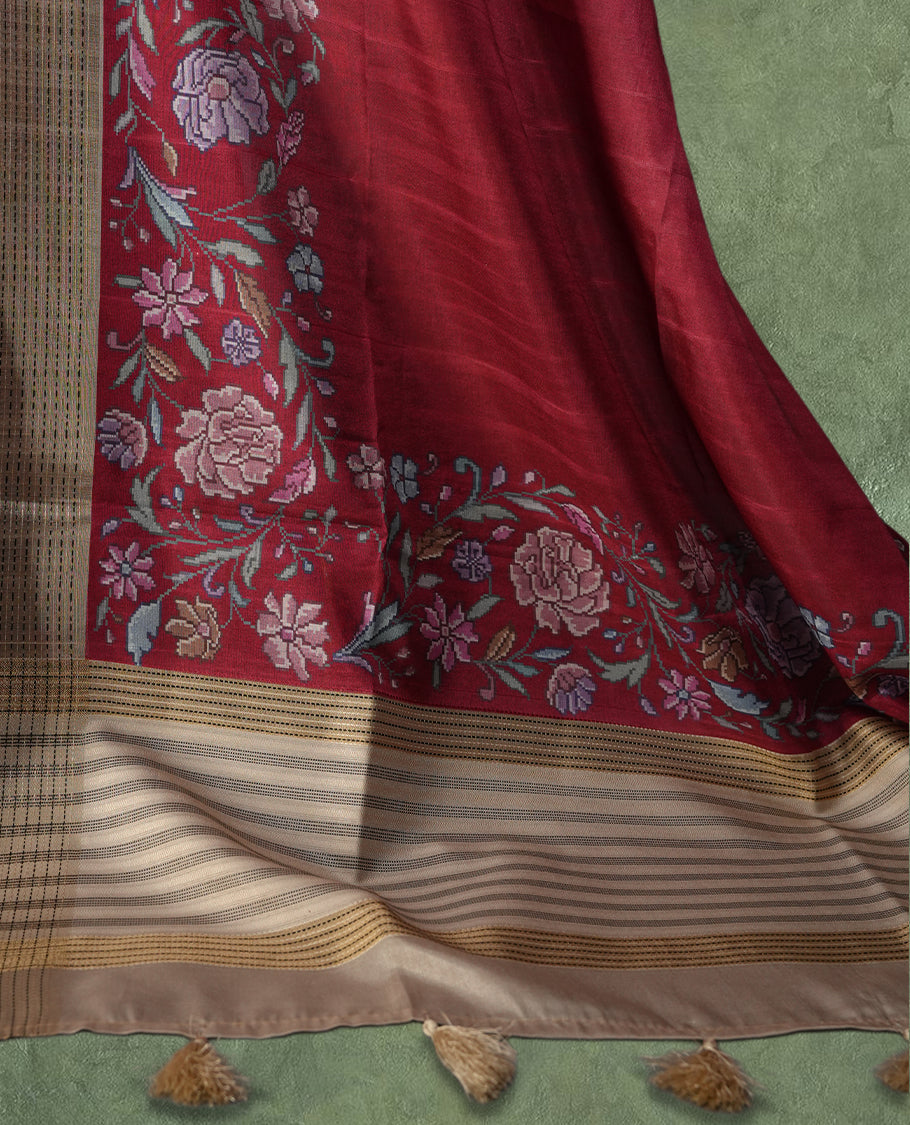 Maroon colour Semi Tussar Silk saree with vibrant digital floral printed body and elegant Kandha work border & Paired with a matching blouse, it beautifully blends traditional craftsmanship with modern charm.