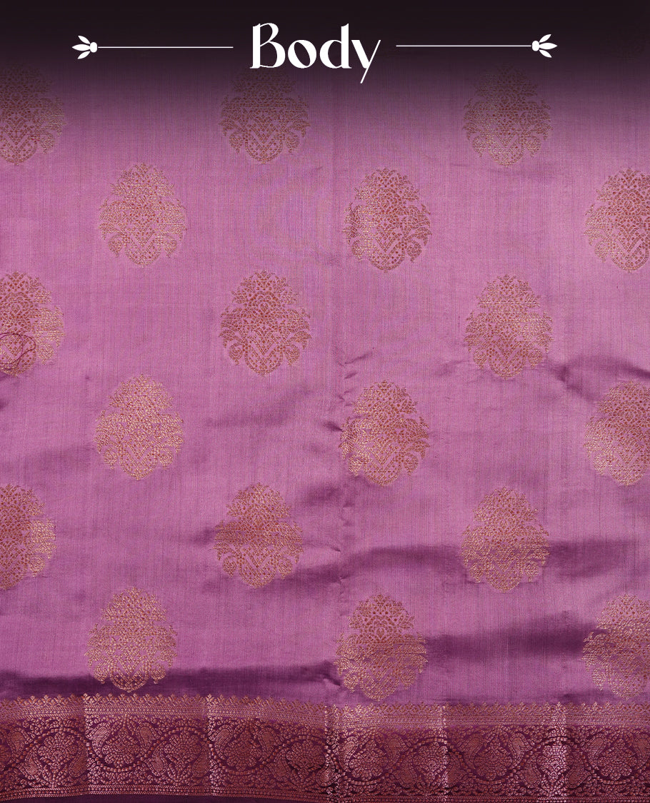 Purple Banaras soft silk saree with gold zari oval motifs on body, with contrast Deep Purple colour floral pattern on pallu, border, and Matching blouse.