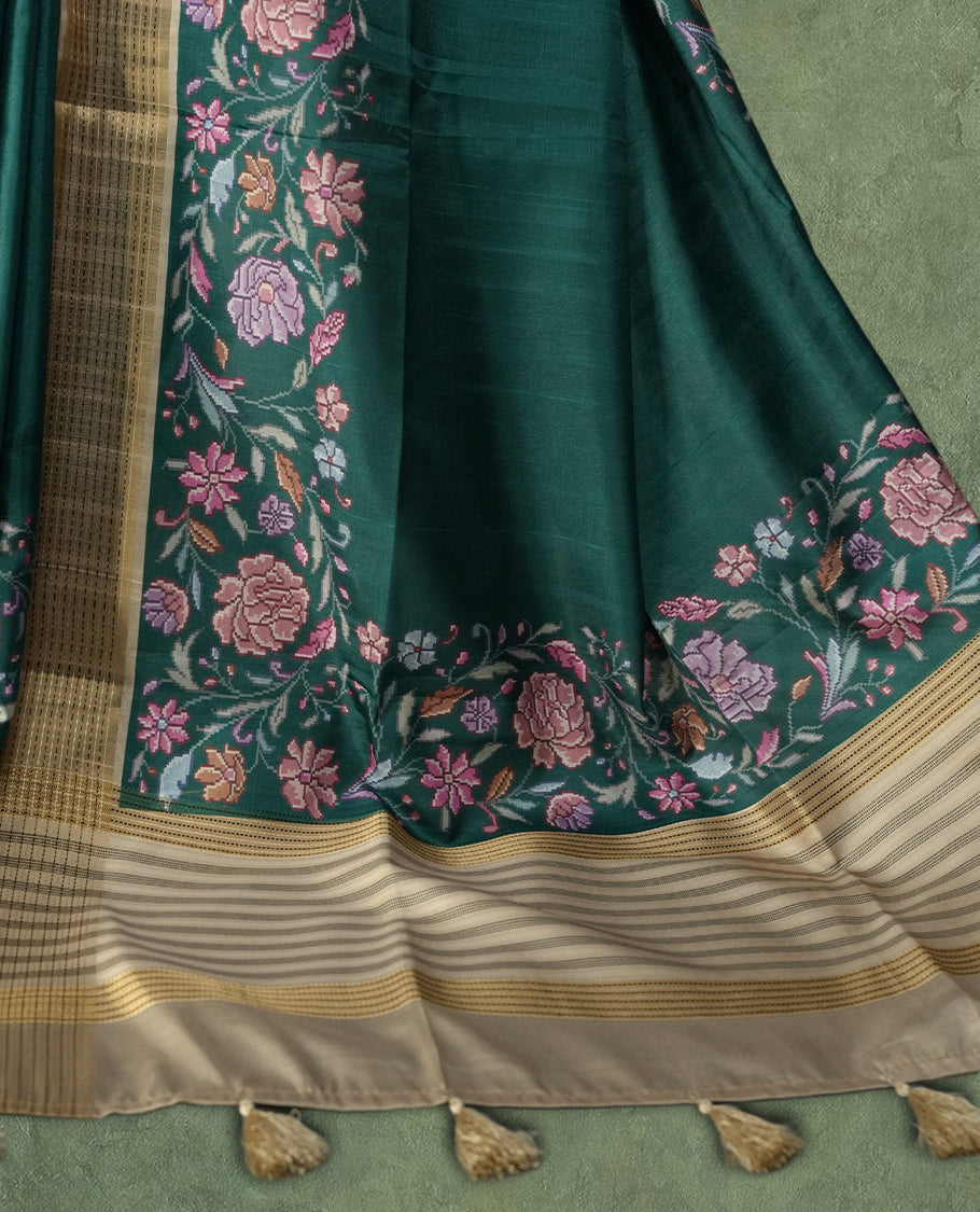 Green colour Semi Tussar Silk saree with vibrant digital floral printed body and elegant Kandha work border & Paired with a matching blouse.