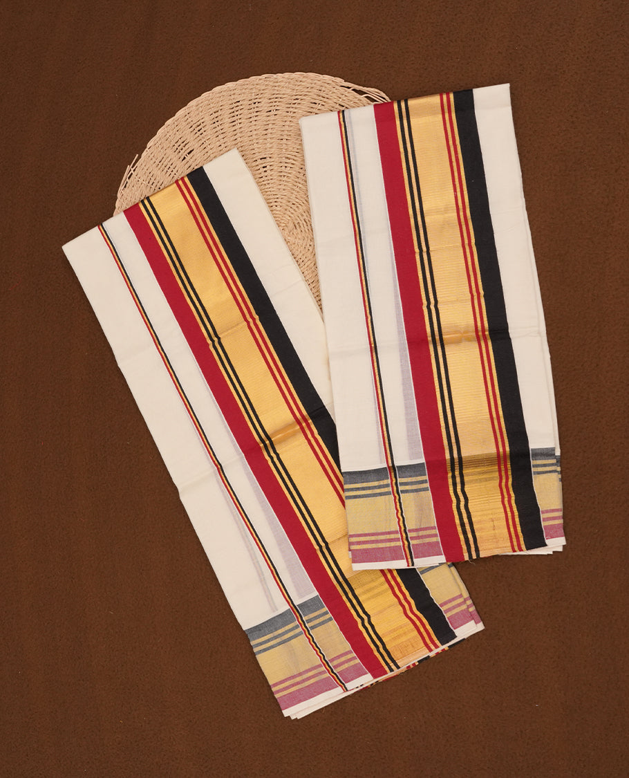 Off white colour cotton set mundu highlights gold, black and dark red colour zari border (2.00/2.80 MTS).