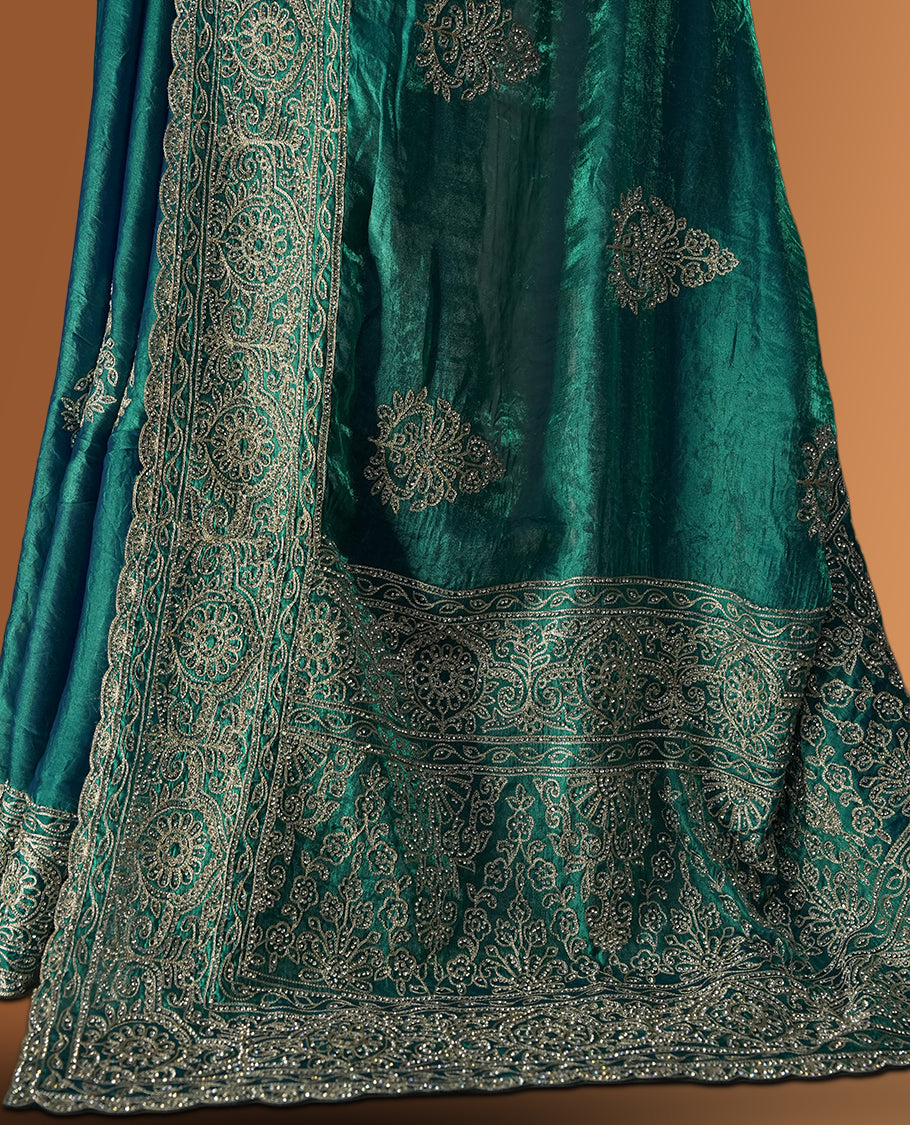 Double shaded Blue colour velvet chiffon designer saree in elegant two tone shades, featuring light gold zari, kodi work with handwoven style thread aari & dori embroidery work, Swarovski stone work and all over motifs, comes with matching blouse.