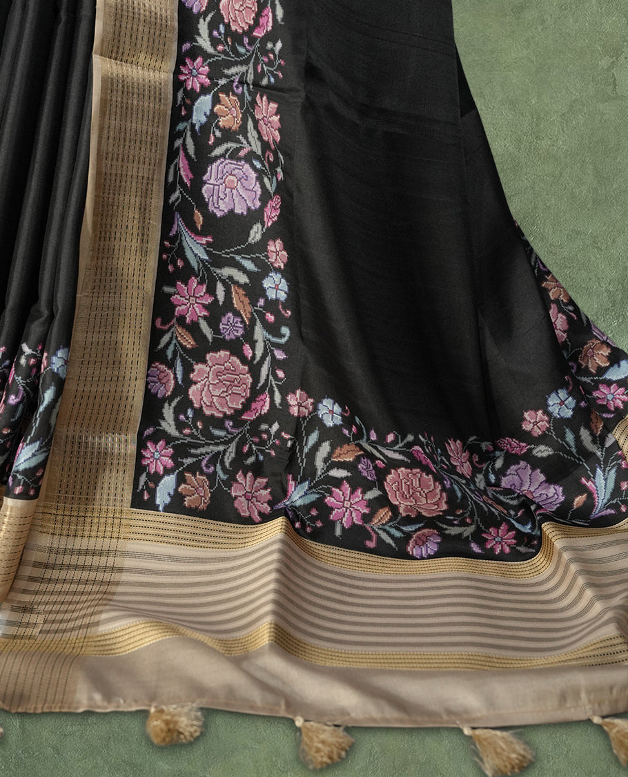 Black colour Semi Tussar Silk saree with vibrant digital floral printed body and elegant Kandha work border & Paired with a matching blouse.