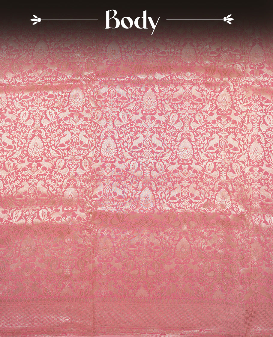 Pink colour Mysore Crepe Silk saree fearturing gold Zari kodi visiri & Animal brocade pattern on body and self colour border paired with matching blouse