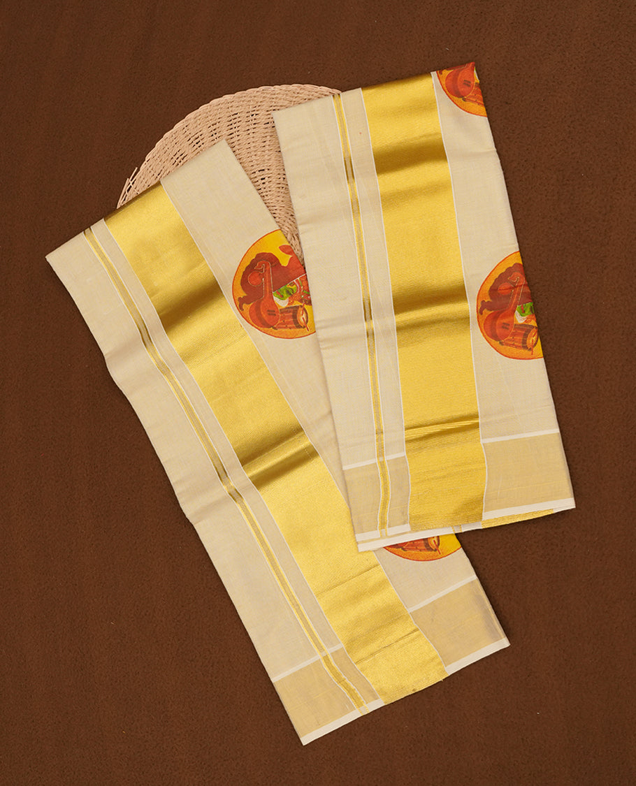 Light gold colour tissue set mundu highlights gold zari border featuring Indian art form print across border (2.00/2.80 MTS).