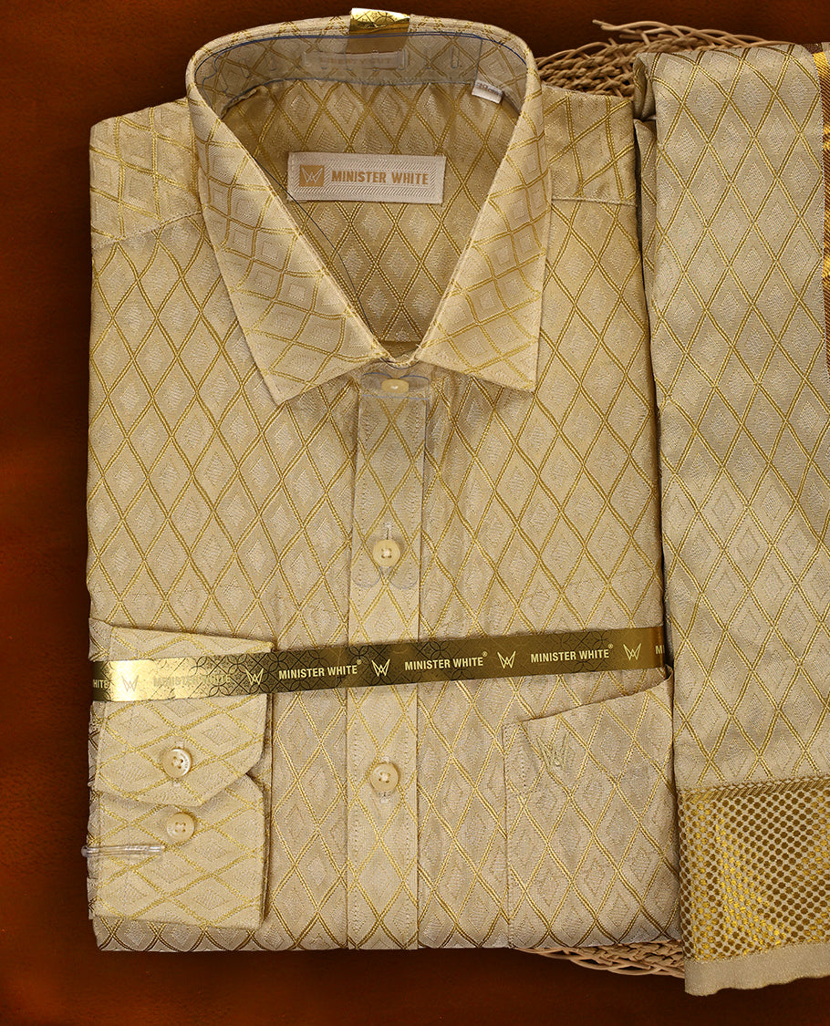 Fawn gold colour MINISTER WHITE jacquard silk shirt featuring an elegant diamond weave pattern, paired with a matching golden zari bordered dhoti, creating a rich and festive traditional ensemble.