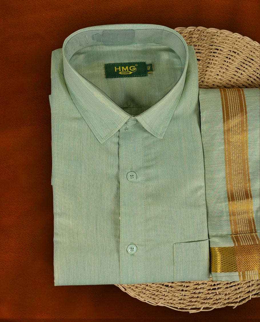 Pastel green colour shirt & matching dhoti set by HMG, featuring elegant gold zari borders, Perfect for traditional events, gifting & poojas.