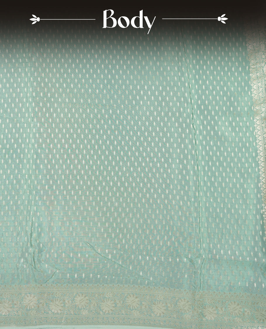 Pastel aqua colour banaras satin crepe saree fearturing gold tiny leaf motifs on body, kodi visiri pattern on border & pallu and paired with matching blouse