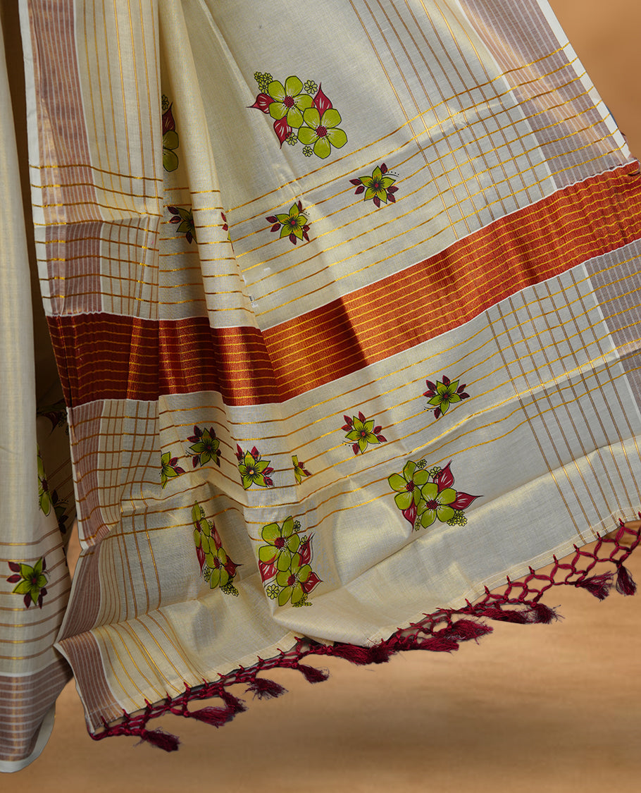 Light gold colour Tissue Kerala saree featuring a Plain body, an intricately woven gold and brown traditional border with floral and stripes on pallu, print paired with a matching blouse.