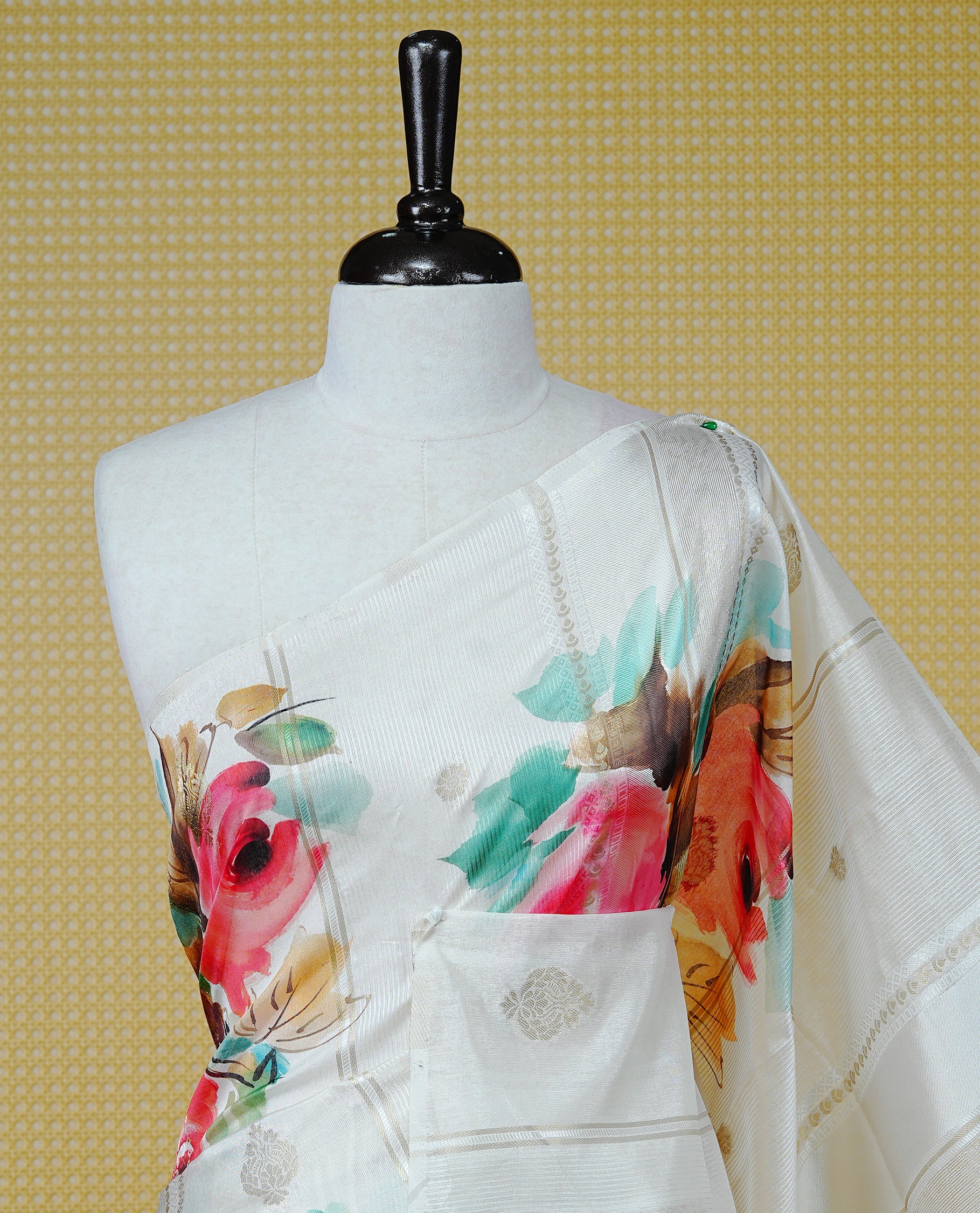 Cream Colour Organza Kerala Saree Featuring Digital Rose Floral Prints Across The Body, Enhanced With Subtle Light Gold Zari Stripes And A Light Gold Zari Border, Finished With Gold Tassels And A Matching Blouse Piece