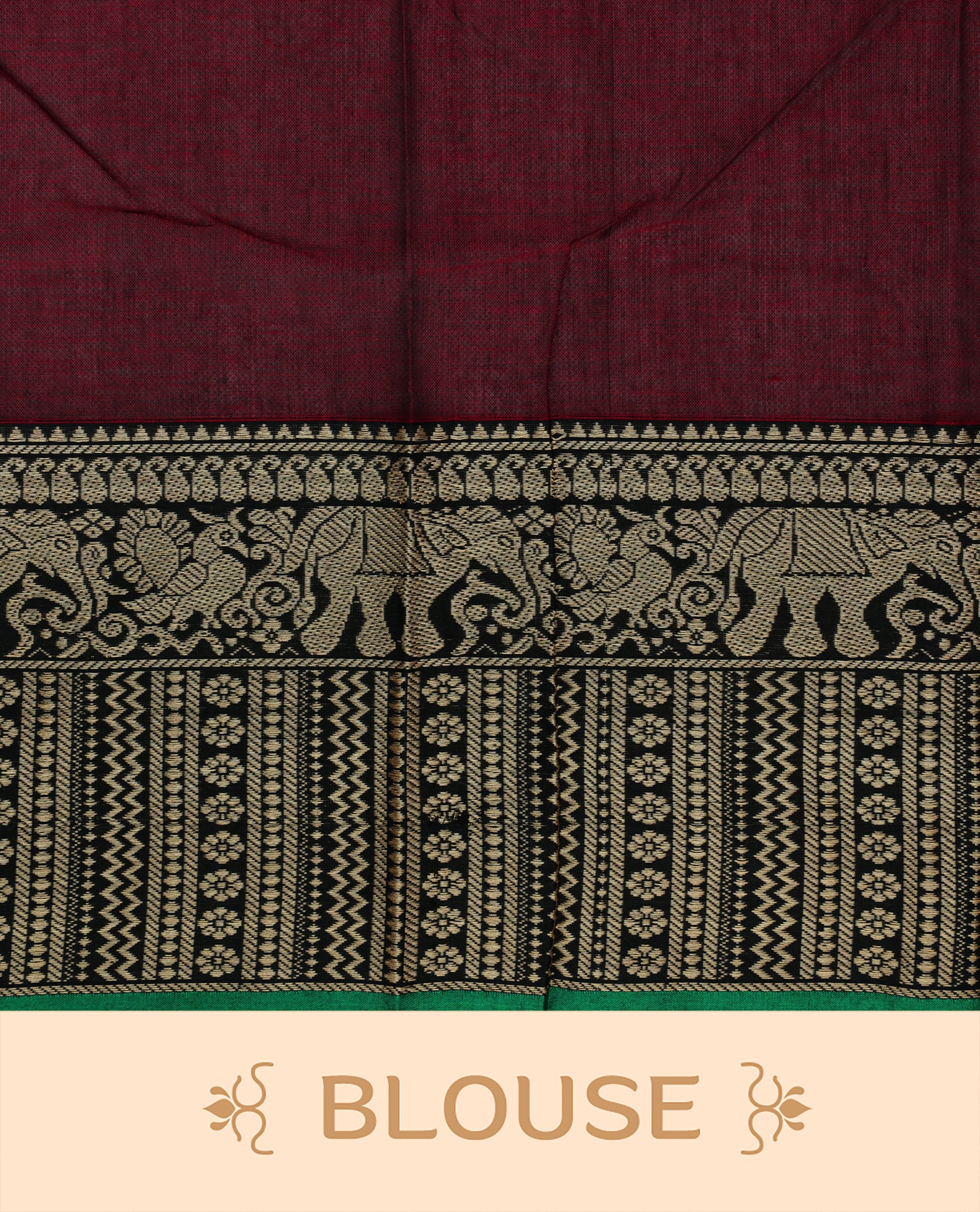 Maroon colour Narayanapett cotton saree Featuring Elegant plain Body, complemented by Contrast Black colour with cream zari border, paired with matching blouse piece.