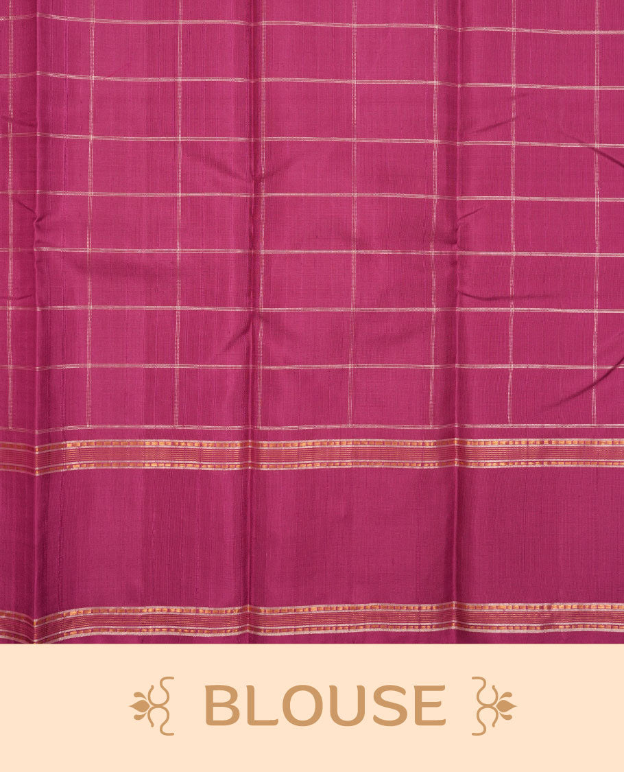Twilight Magenta colour pure traditional Kancheepuram silk saree adorned with an elegant zari check pattern across the body, complemented by a simple zari woven border, paired with a matching blouse piece.