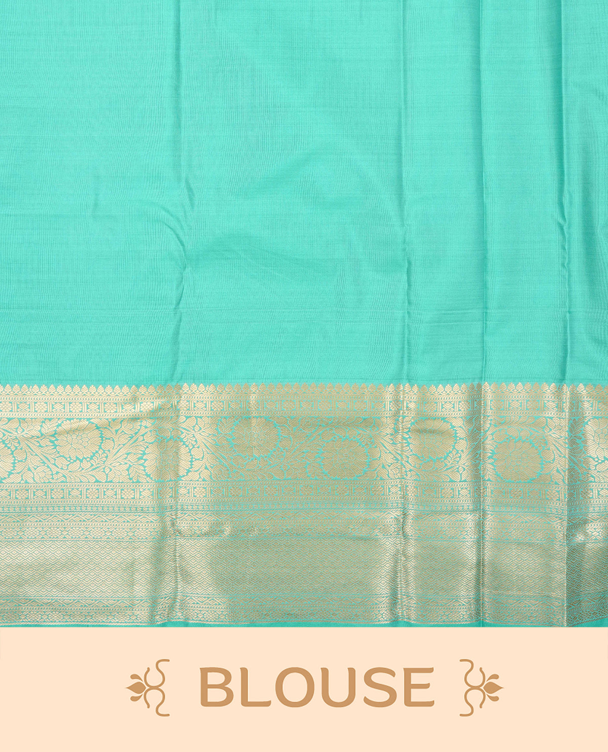 Mustard olive colour semi wedding saree featuring gold zari strip with motifs on body complemented by contrast aqua colour with traditional border, comes with macthing blouse piece.