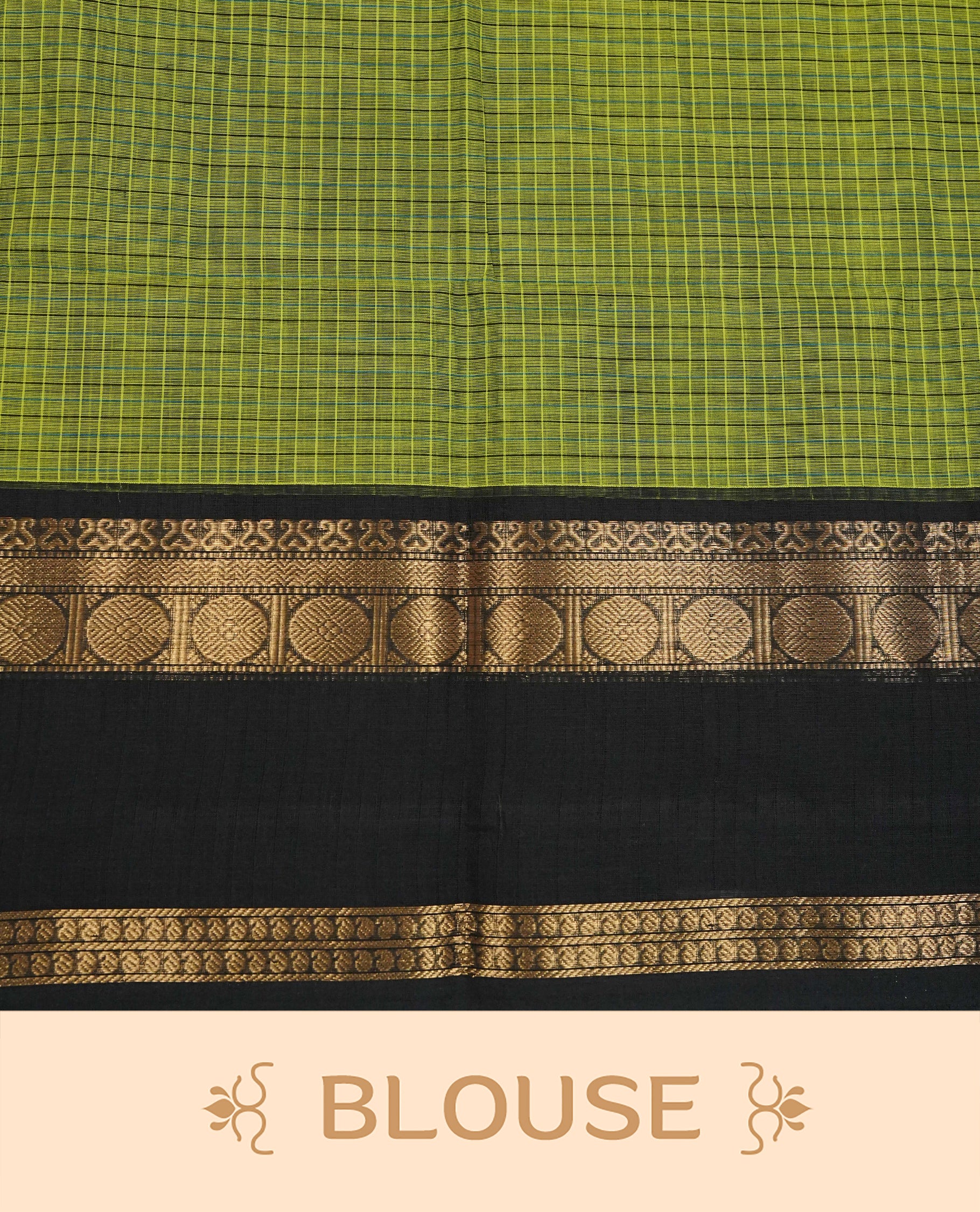 Green colour chettinad cotton saree featuring Strip pattern on body,contrast Black colour with Gold zari border, comes with matching blouse piece.