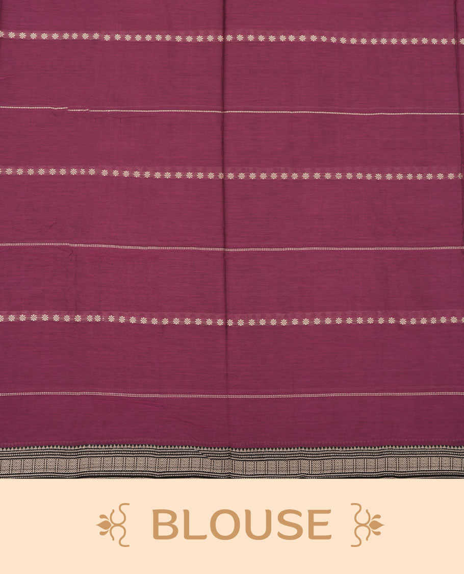 Magenta purple colour Narayanapattu cotton saree featuring a Cream colour stripped body, contrast black colour with cream zari border and pallu, pairing a matching blouse piece.