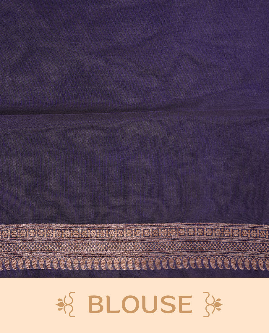 Navy blue colour semi banaras katan saree featuring Gold zari Pattern across body, complemented by self colour with zari border, paired with matching blouse piece.