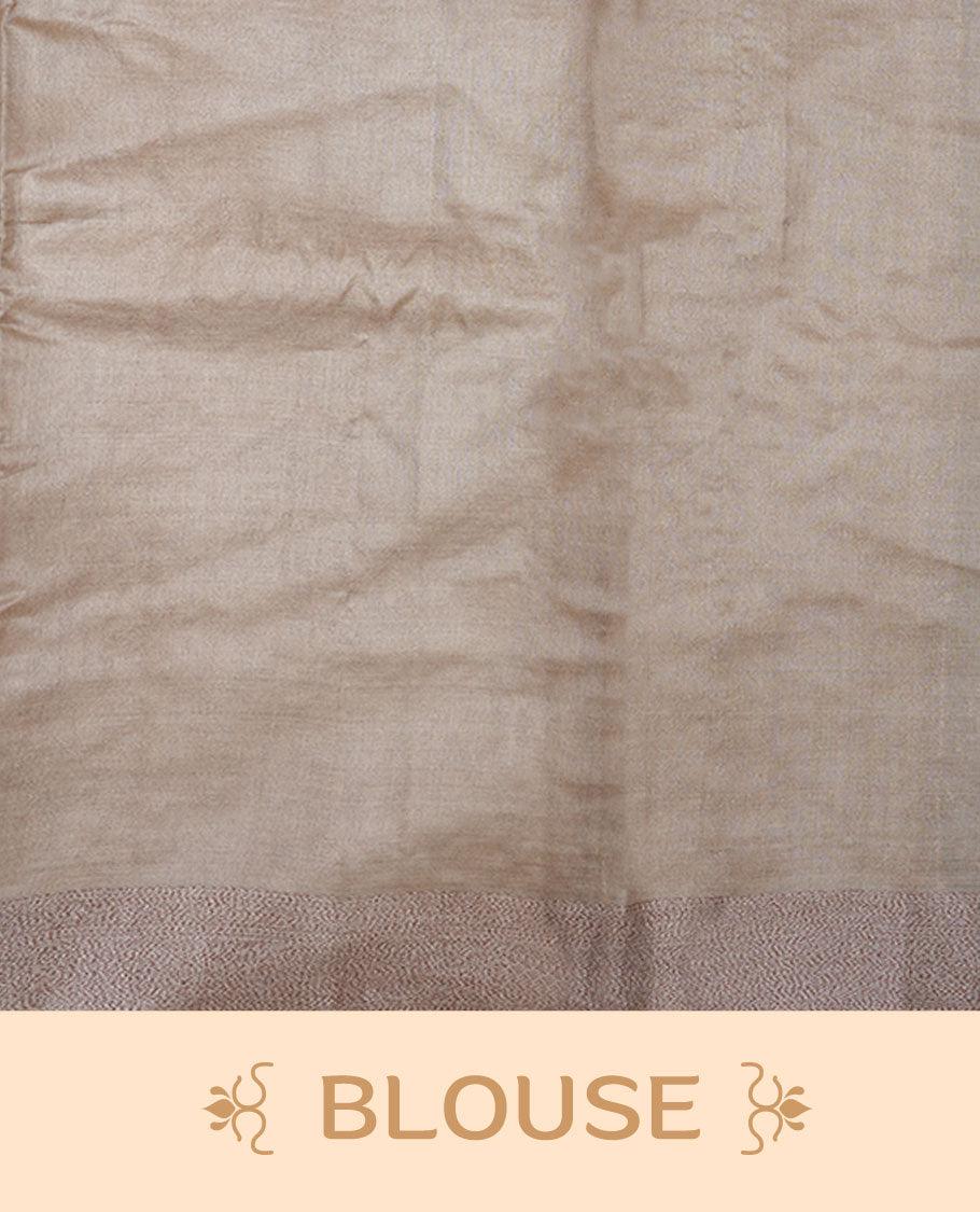 Olive colour pure banaras tusser silk saree highlighting antique zari pattern across body, with contrast cream colour with zari border and paired with matching blouse