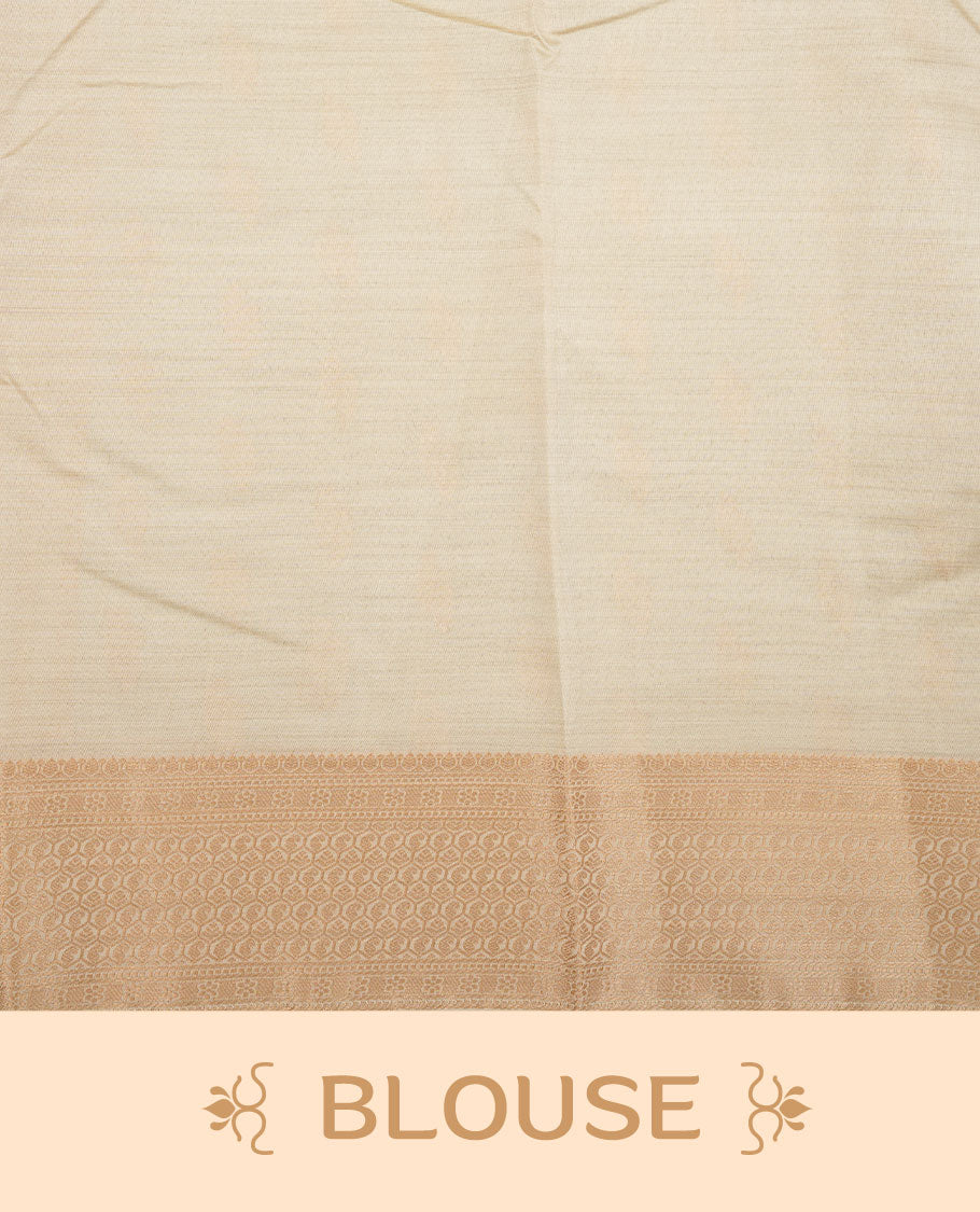 Cream colour tussar saree featuring litte gold zari motifs on body, Self colour border and pallu with zari woven design, comes with matching blouse piece.