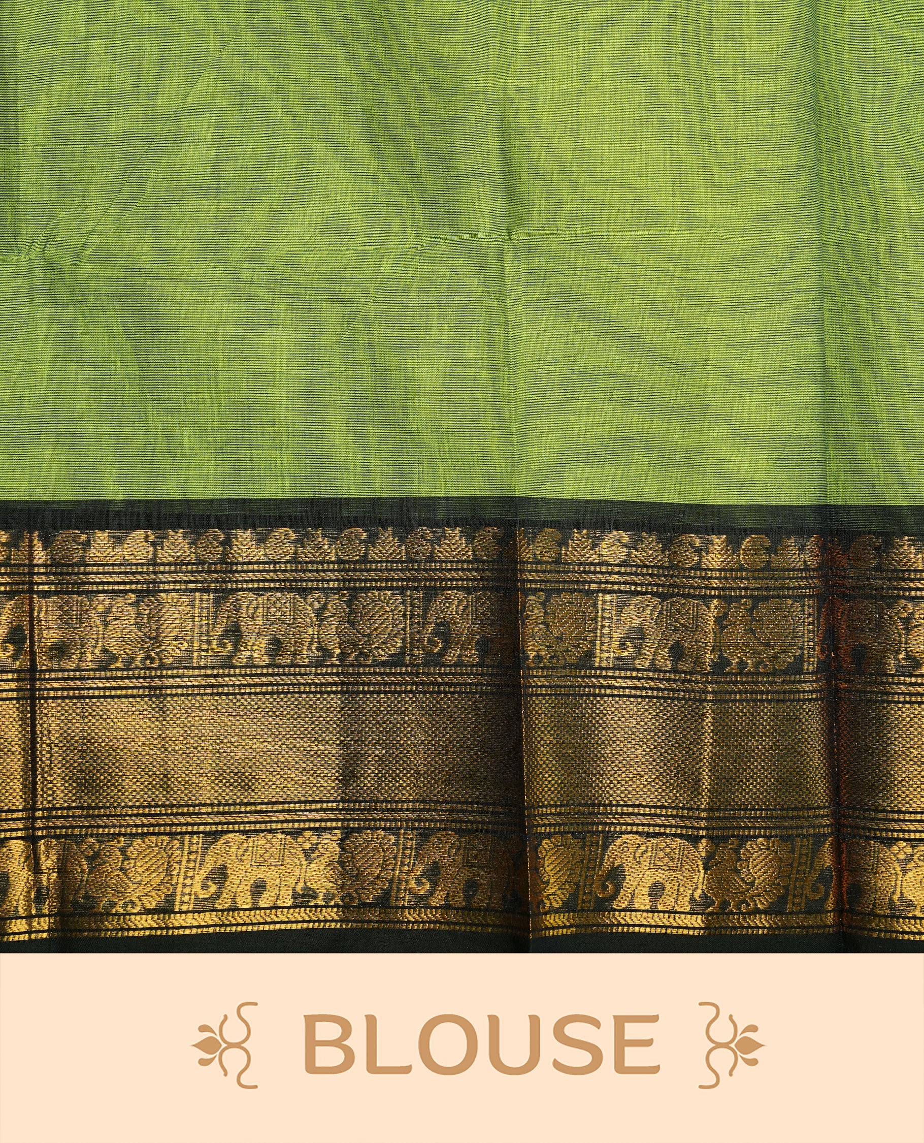 Green colour Chettinad cotton saree featuring motif on body, complemented by Black colour with traditional border, paired with matching blouse Piece.