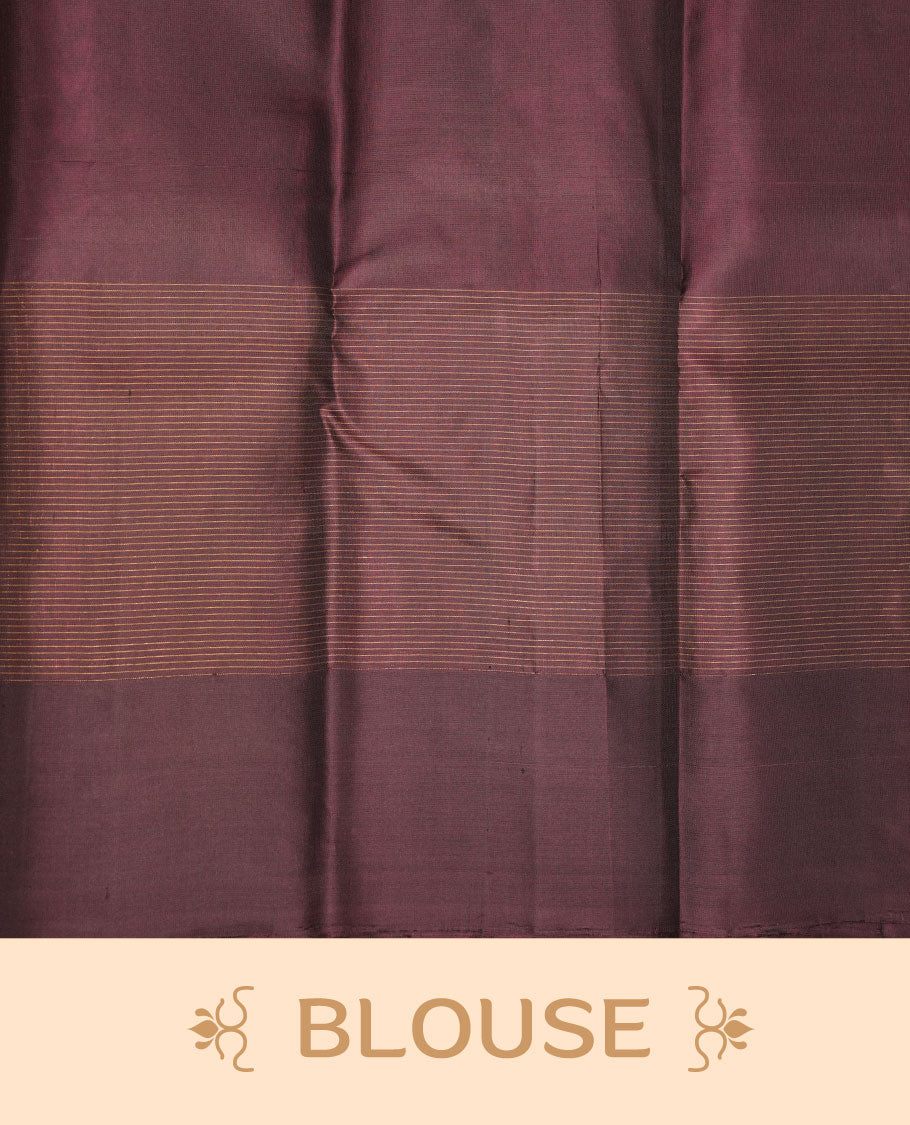 Pink colour soft silk saree featuring small zari check on body, complemented by contrast burgundy colour with peacock butta border, paired with matching blouse piece.