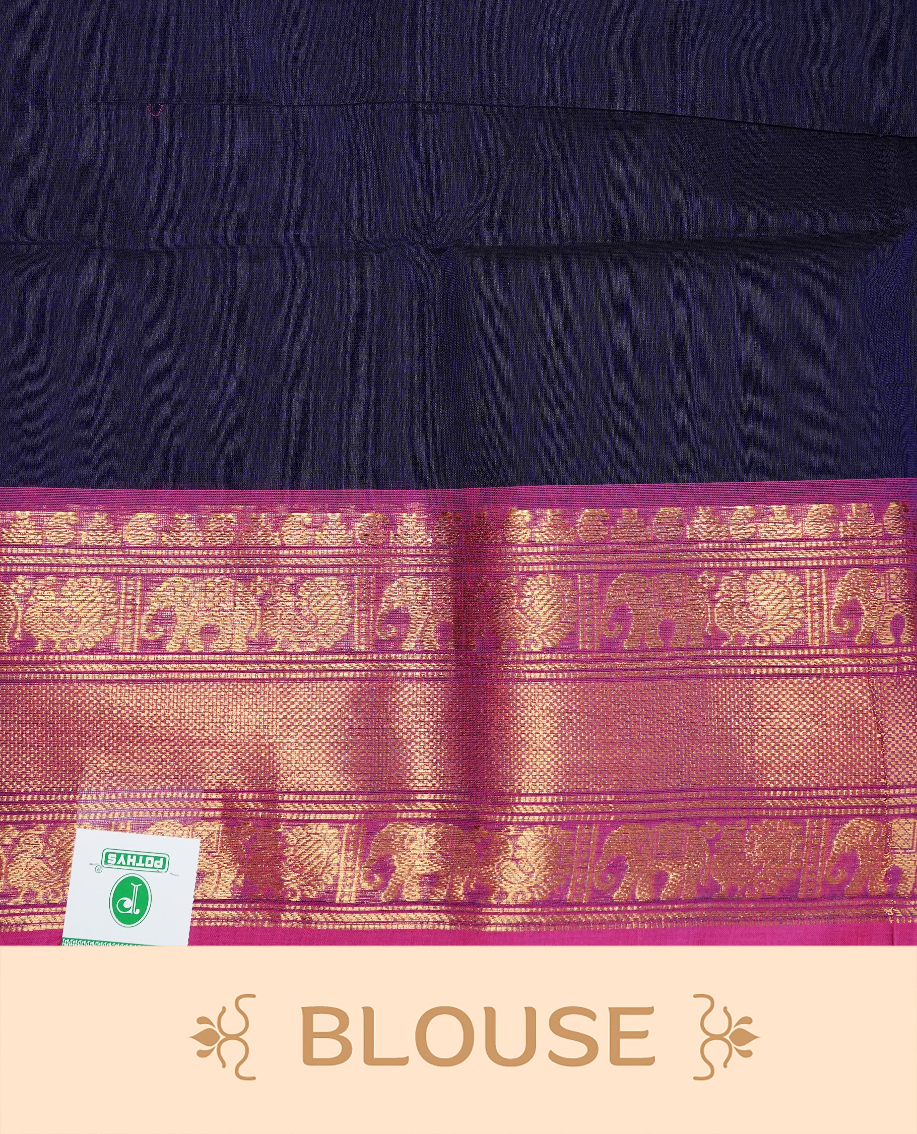 Navy Blue colour Chettinad cotton saree featuring motifs on body , complemented by contrast Magenta colour with zari border, comes with matching blouse piece.