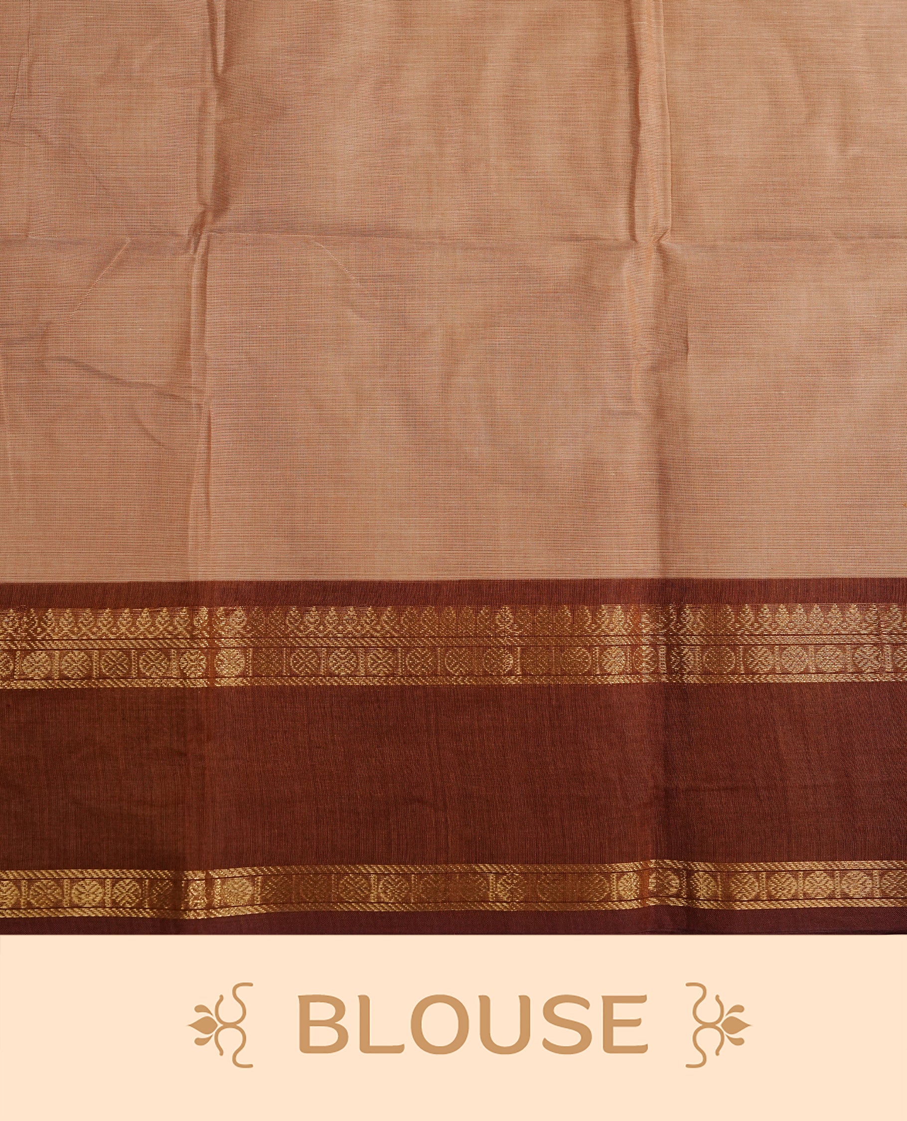 Beige colour chettinad cotton saree featuring gold zari motifs on body, Contrast Brown colour with Gold zari border, comes with matching blouse piece.