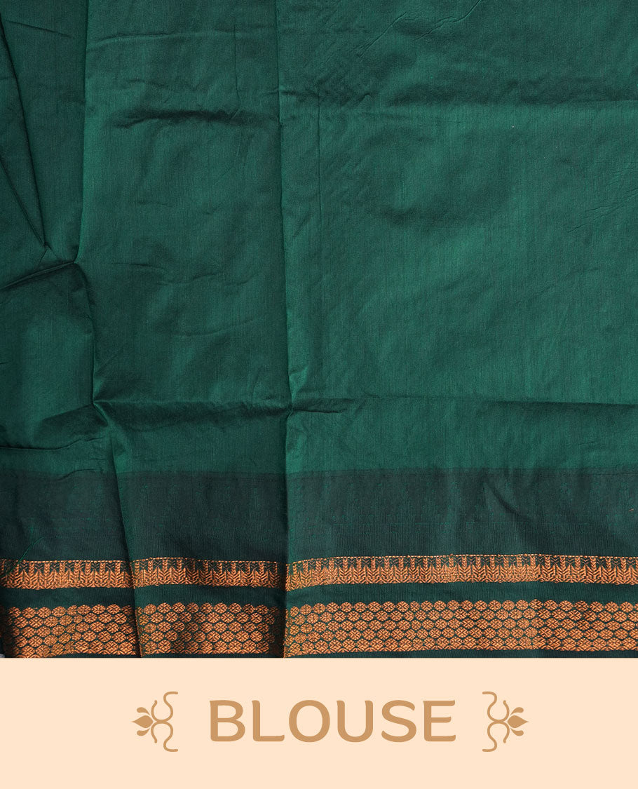 Orange colour kalyani cotton saree featuring gold zari motifs on body, complemented by contrast green color with gold zari pattern border , paired with matching blouse piece.