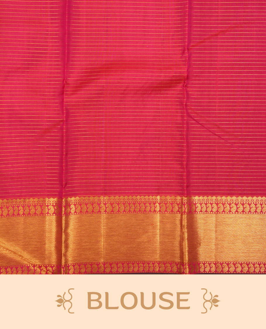 Rani Pink colour pure traditional Kancheepuram silk saree adorned with gold zari Checks across the body, featuring elegant traditional borders, beautifully paired with a matching blouse piece.