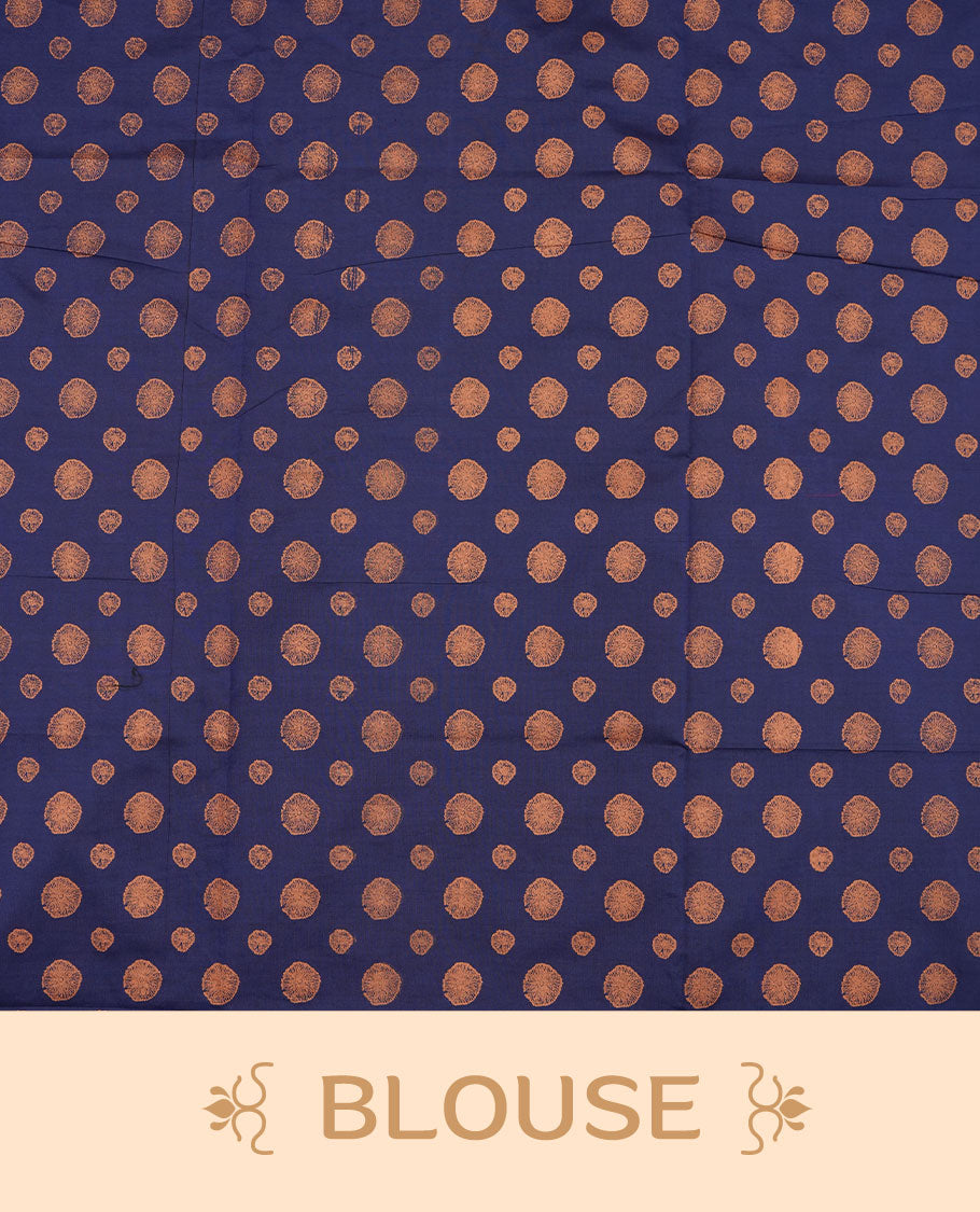 Navy blue colour poly cotton saree with orange abstract butti motifs on the body, paired with a matching pallu with dense orange textured round butta pattern, and a coordinated all‑over textured round butta printed blouse piece.