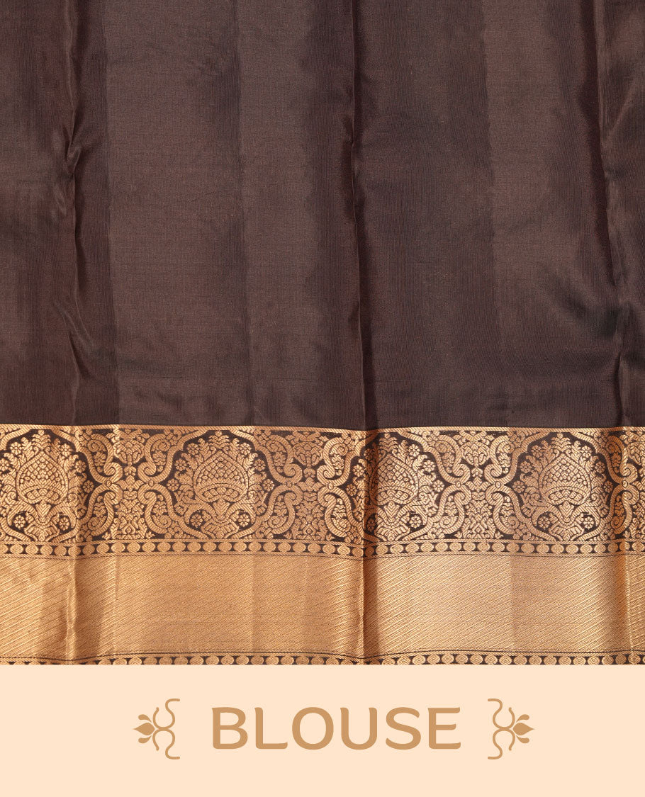 Dark coffee brown colour kancheepuram silk saree featuring antique gold zari jacquard on body with traditional border, paired with plain matching blouse piece.