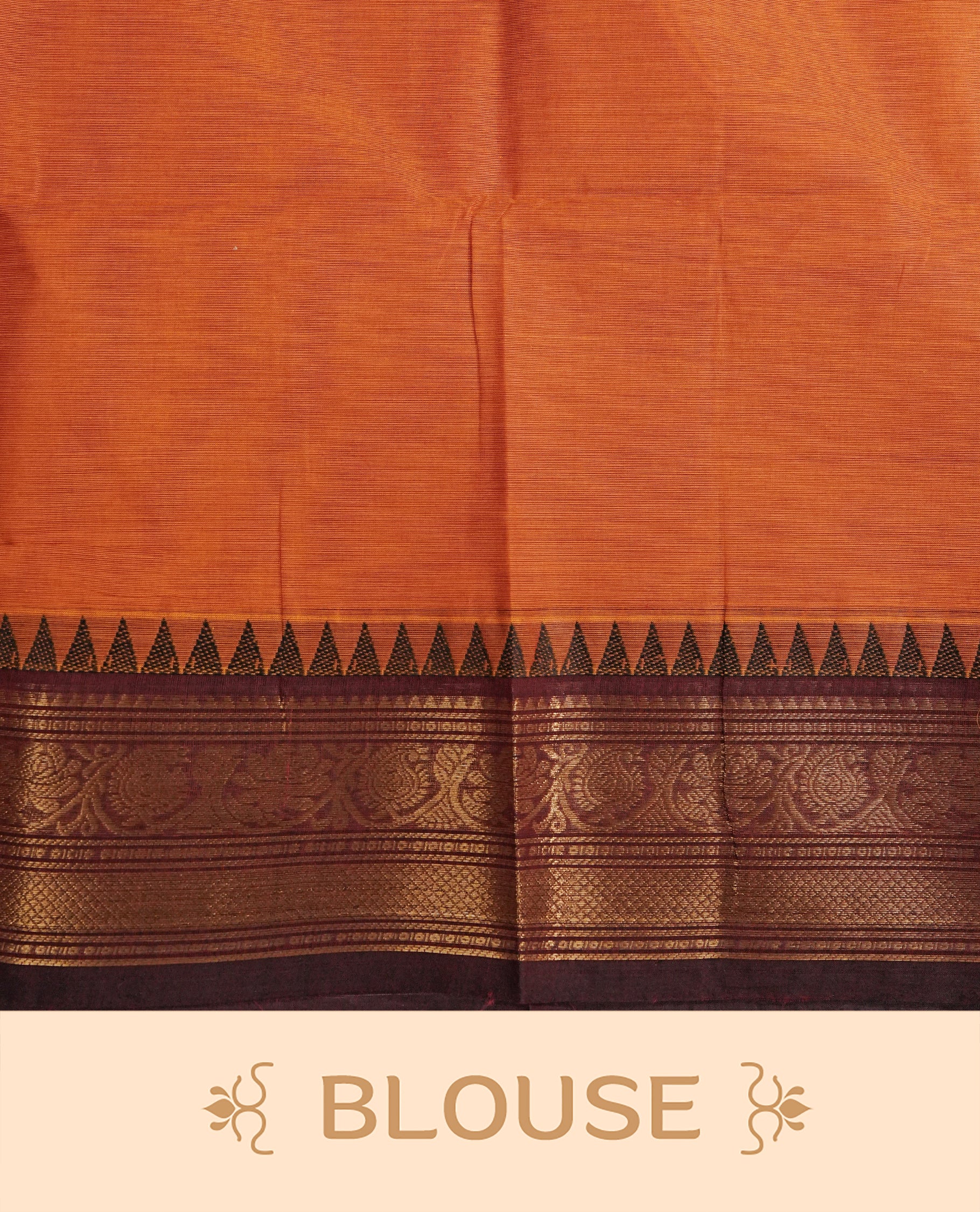 Orange colour chettinad cotton saree featuring Elegant plain body, complemented by contrast Brown colour with gold zari border, comes with matching blouse piece.