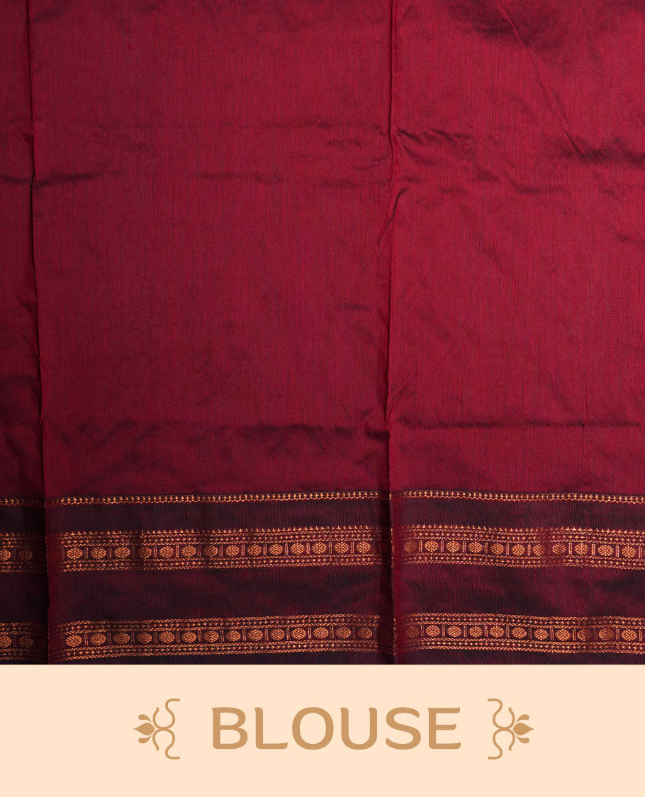 Navy blue colour kalyani cotton saree featuring gold zari motifs on body, complemented by contrast maroon color with copper zari pattern border , paired with matching blouse piece.