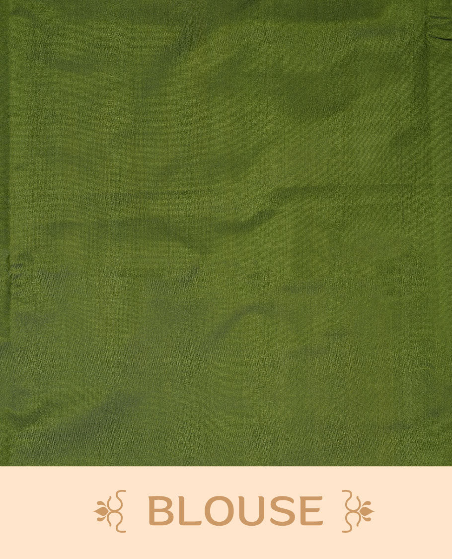 Brown colour soft silk saree features a sleek borderless design with intricate antique zari motifs, flowing into a striking contrast green pallu and a matching blouse piece.