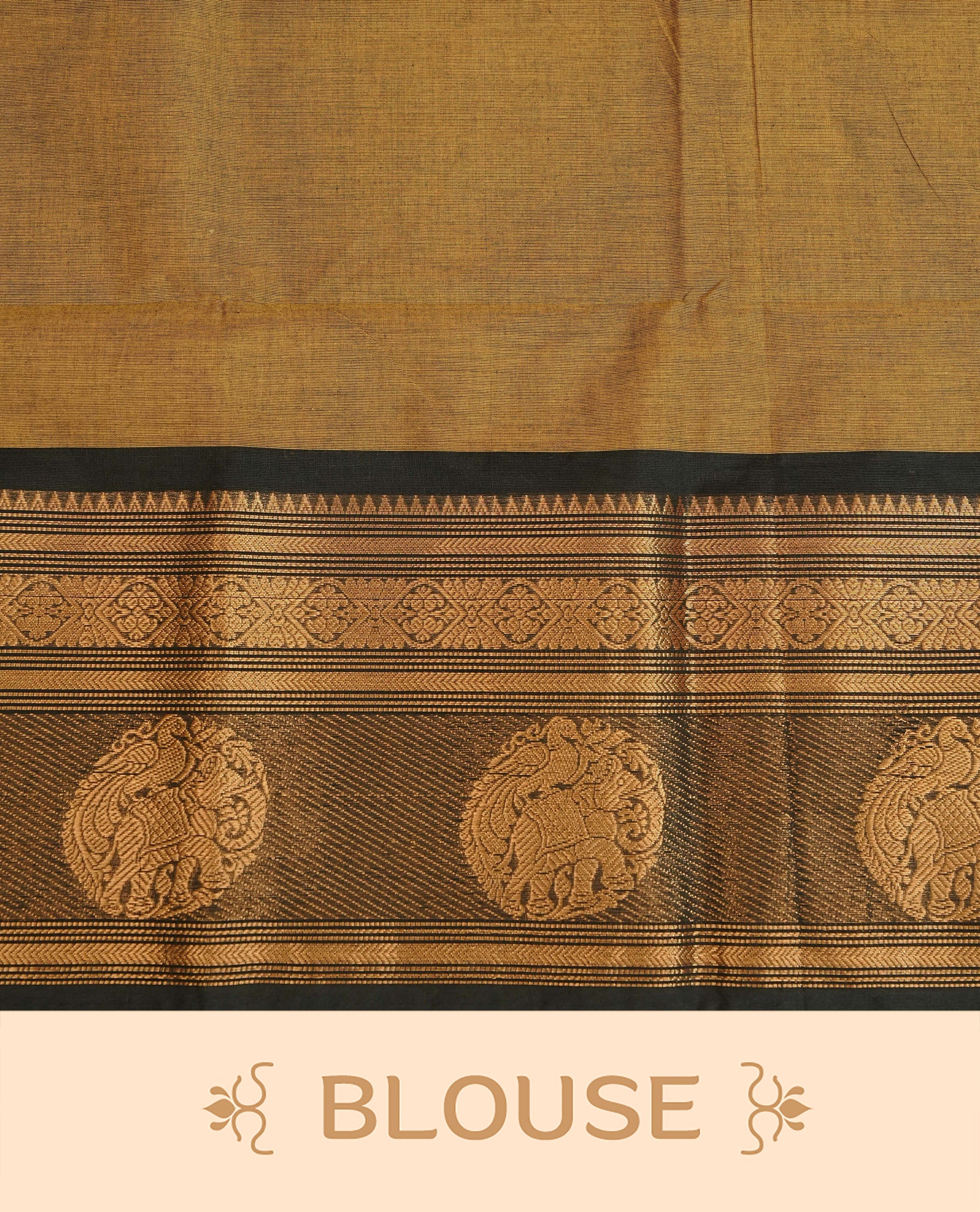 Olive colour chettinad cotton saree featuring Elegant plain body,Contrast Black colour with Gold zari border, comes with matching blouse piece.