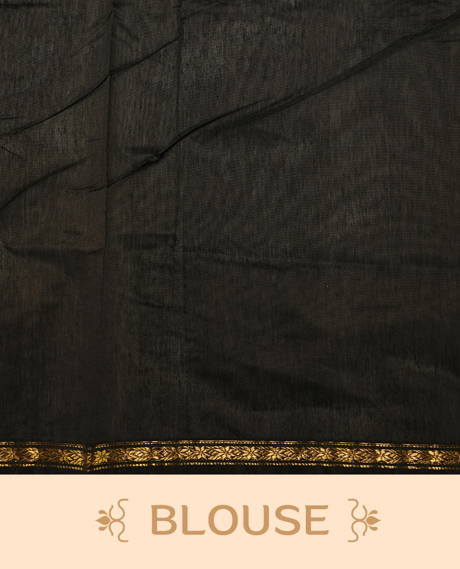 Green colour Maheshwari cotton saree features elegant gold zari motifs across the body, a classic gold zari border, a striking contrast pallu, and a matching blouse piece.