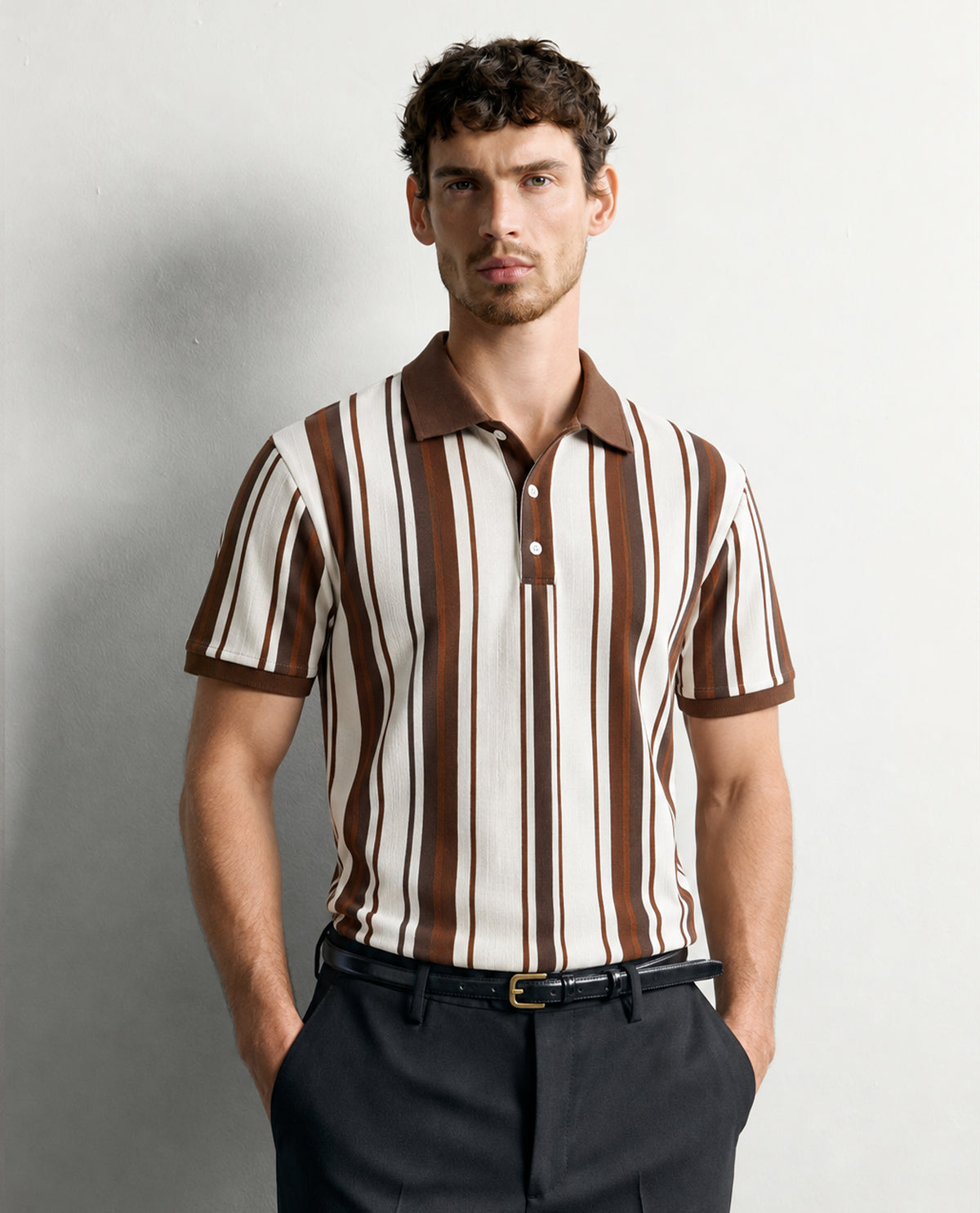 Cream colour Tshirt featuring Collar design neck, elegant Strip pattern on body and Half sleeve.