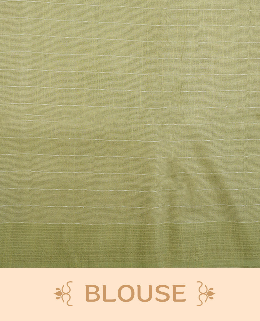 Pastel green colour semi jute saree highlighting gold zari striped body, without border and paired with matching blouse.