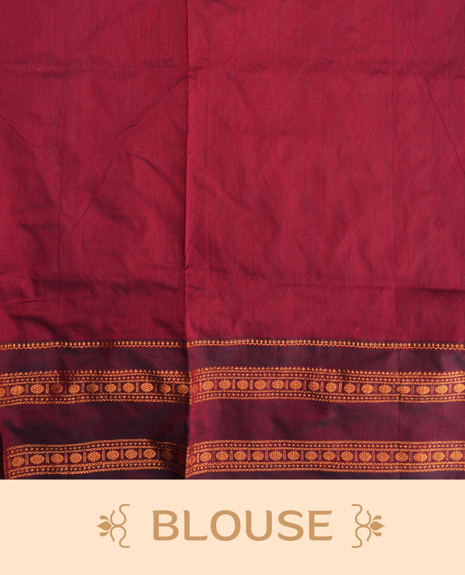 Mustard colour kalyani cotton saree featuring gold zari motifs on body, complemented by contrast maroon color with copper zari pattern border , paired with mtaching blouse piece.